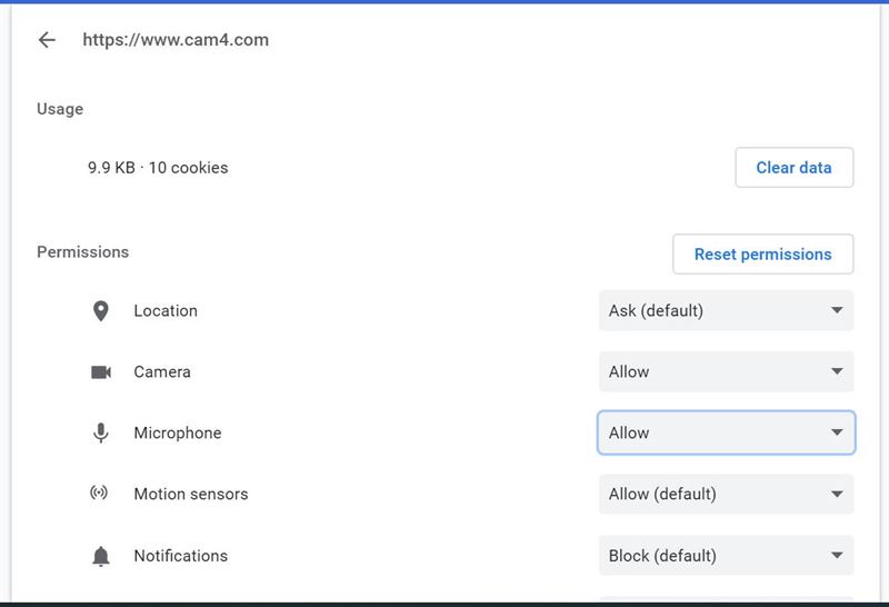 Cam4 browser permissions window