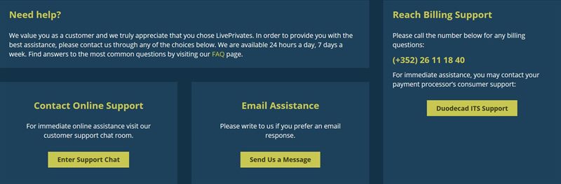 The support options available on LivePrivates.com
