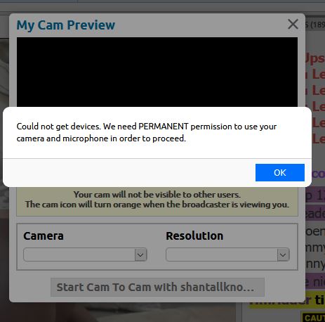 Chaturbate's c2c feature requires you to permanently permit the site to use your webcam
