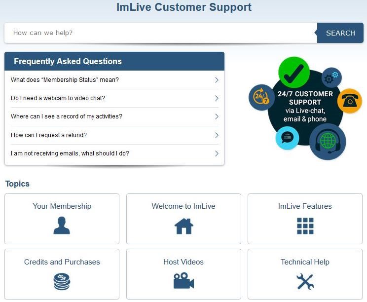 Screenshot of the support section on ImLive