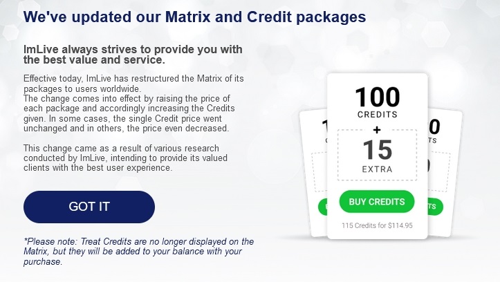 ImLive changes the cost of their credit packages