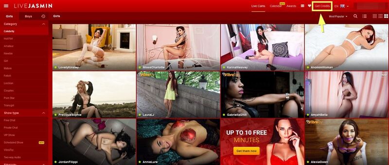 Click the Get Credits tab on LiveJasmin's home page