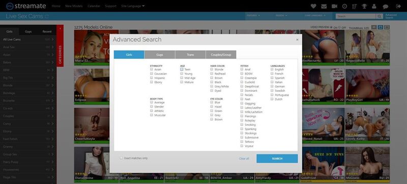 Streamate's layout and advanced search feature