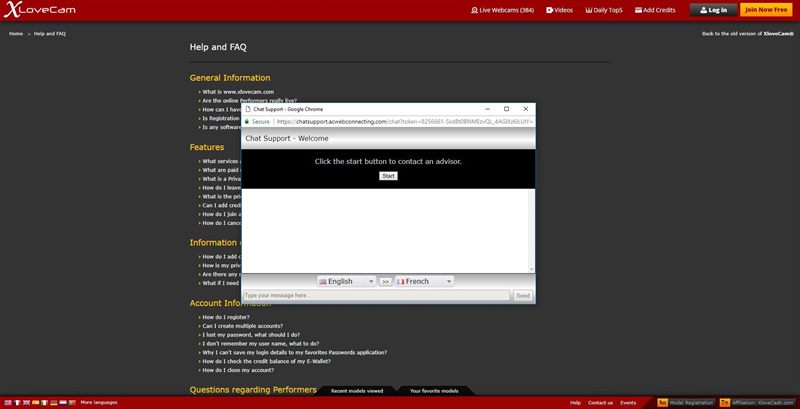 XloveCam's FAQ and Live Support section
